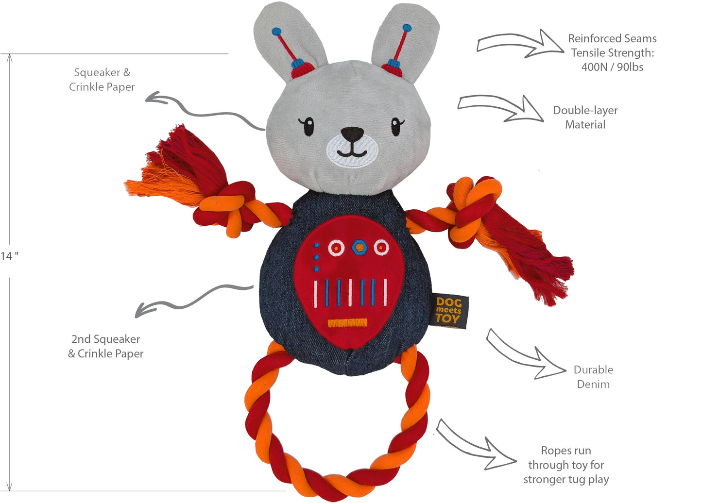 14" Robot Bunny Plush Dog Toy with Rope