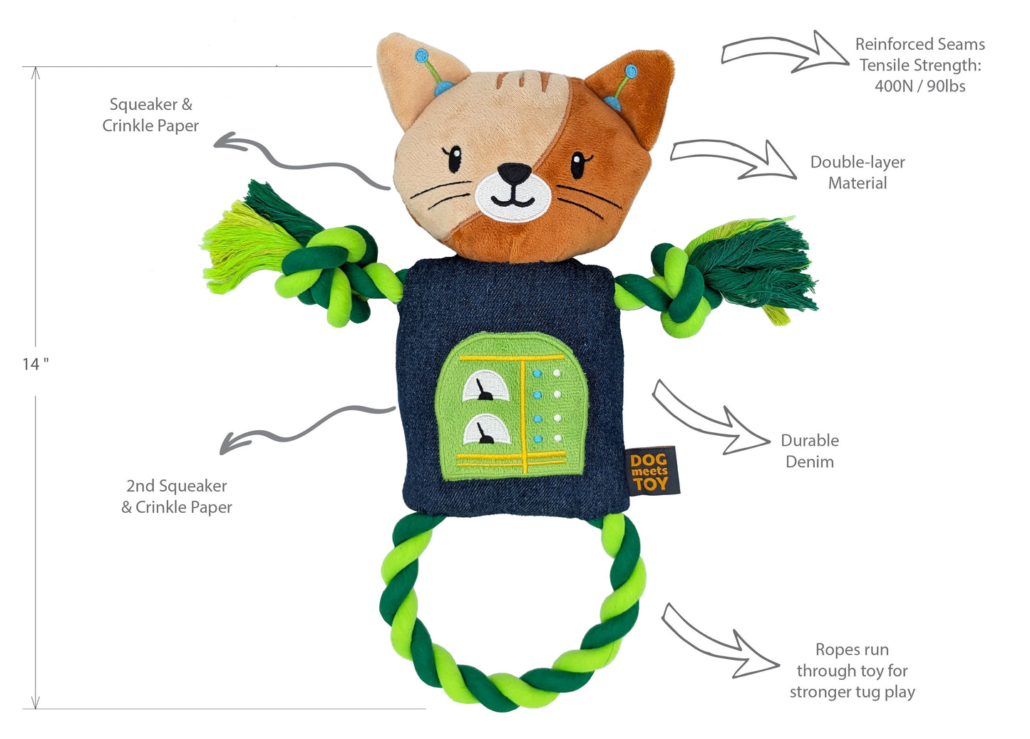 14" Robot Cat Plush Dog Toy with Rope
