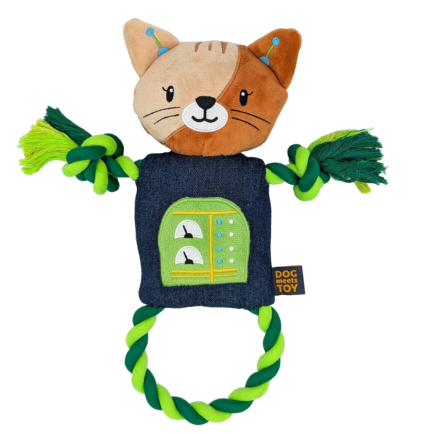 14" Robot Cat Plush Dog Toy with Rope