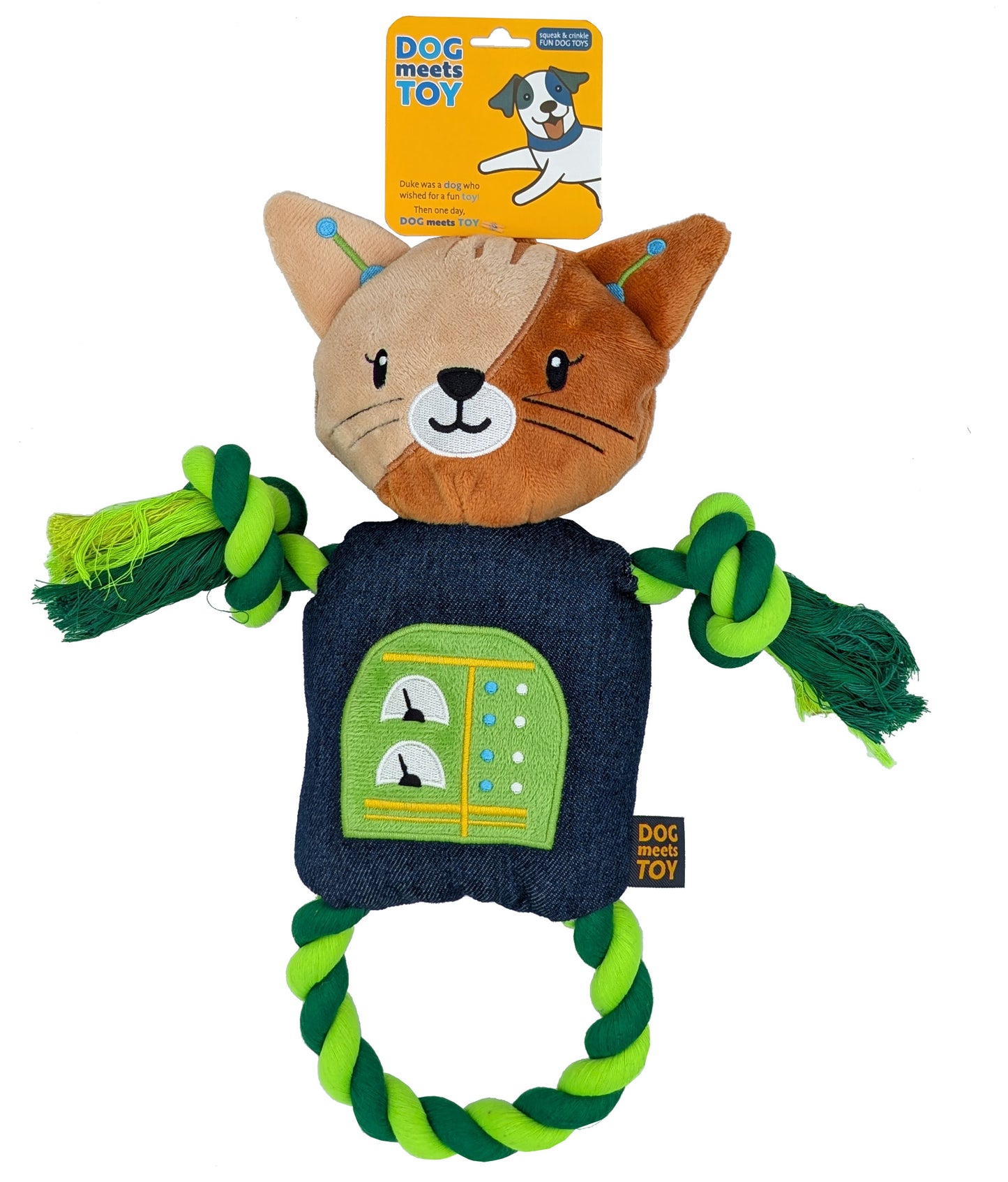 14" Robot Cat Plush Dog Toy with Rope