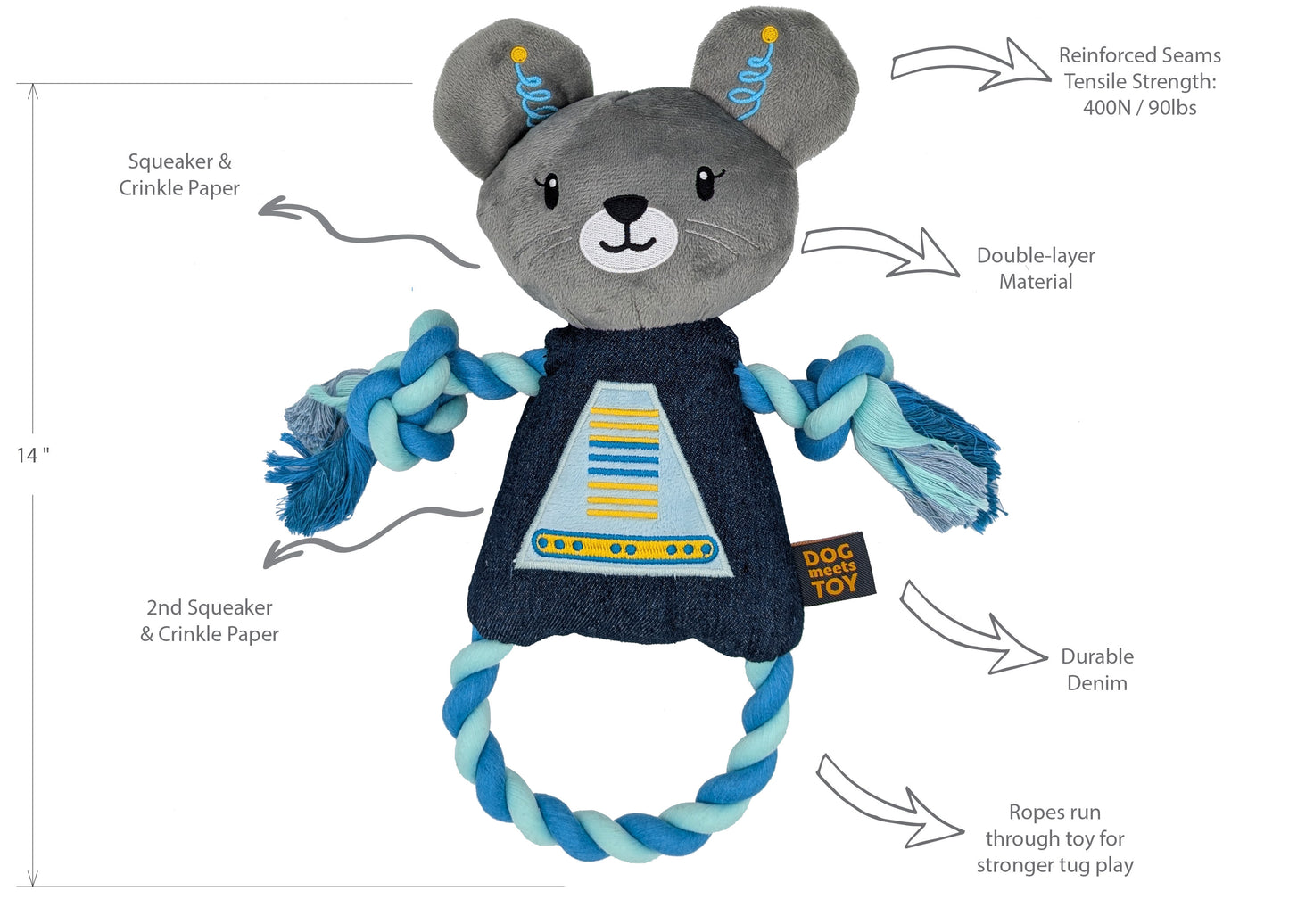 14" Robot Mouse Plush Dog Toy with Rope