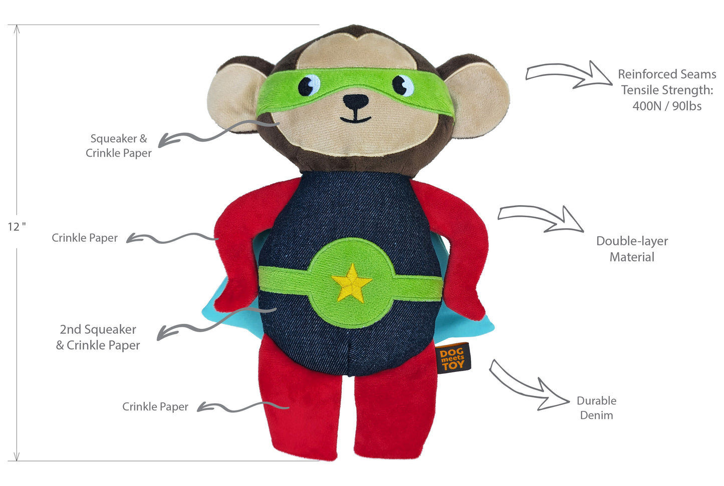 12" Super Monkey Plush Dog Toy