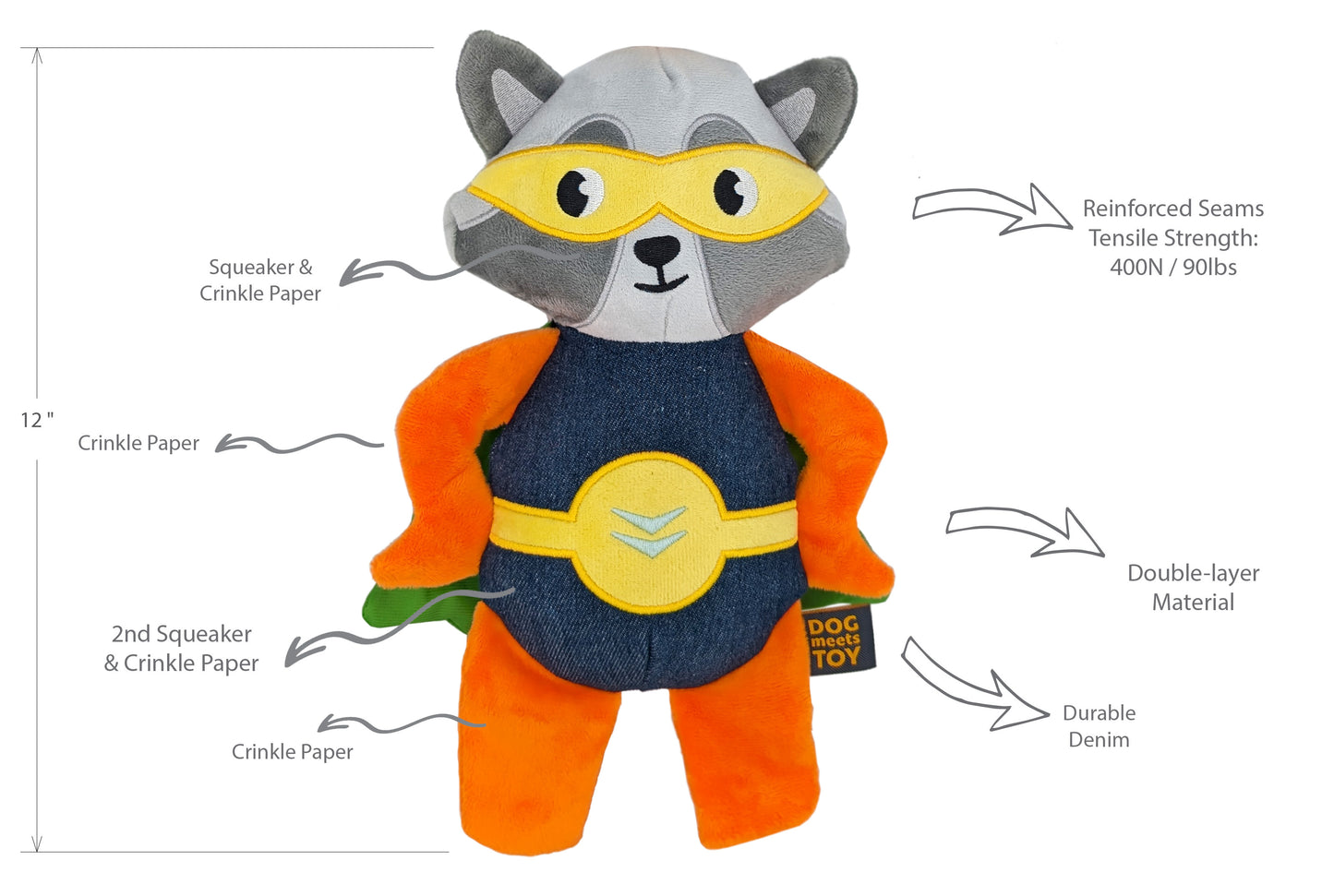 12" Super Raccoon Plush Dog Toy
